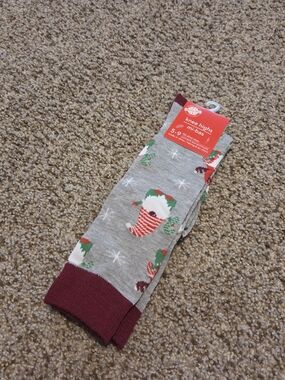 Women's Knee High Holiday Gnome Socks - Gray with Burgundy Trim